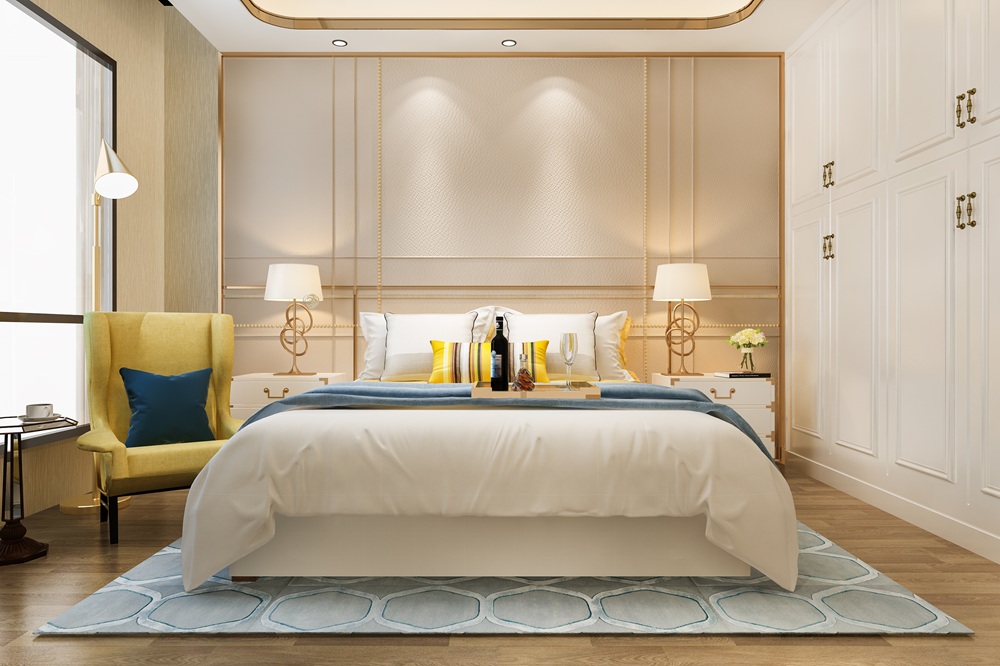 3d rendering beautiful luxury yellow bedroom suite in hotel with tv and couch